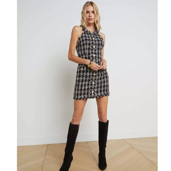 NWT$475 L'AGENCE Jade Tweed Button Mini Dress Houndstooth Black White Gold US 10 - Picture 6 of 16